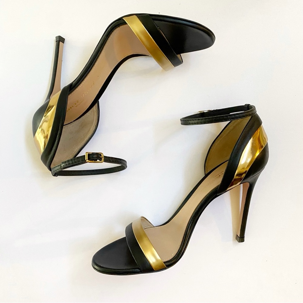 GIANVITO ROSSI BLACK GOLD LEATHER ANKLE STRAP OPEN TOE STILETTO HIGH HEELS - Picture 2 of 9
